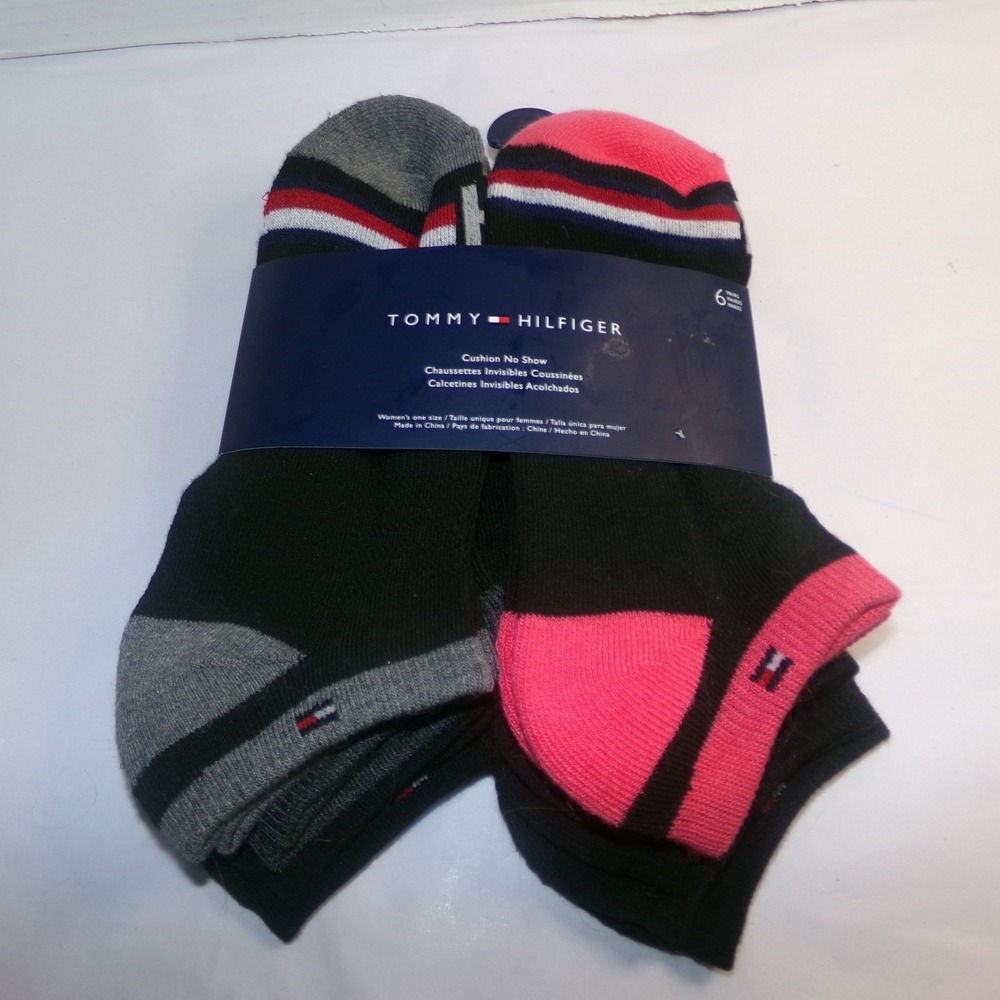Tommy Hilfiger Womens 6 Pair Cushion No Show Socks Black Pink Grey